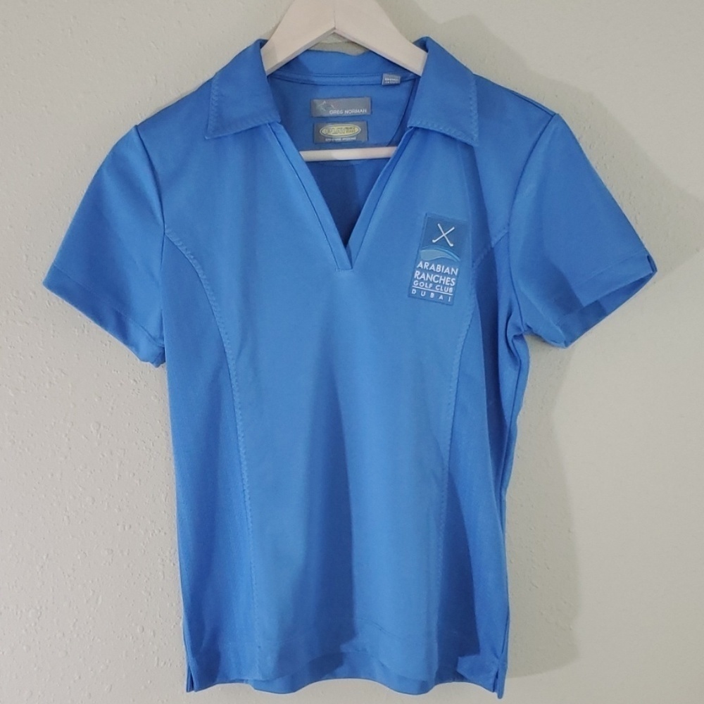 Greg Norman Blue Golf T-Shirt Women's Sz S "Arabian Ranches Golf Course" Golfer